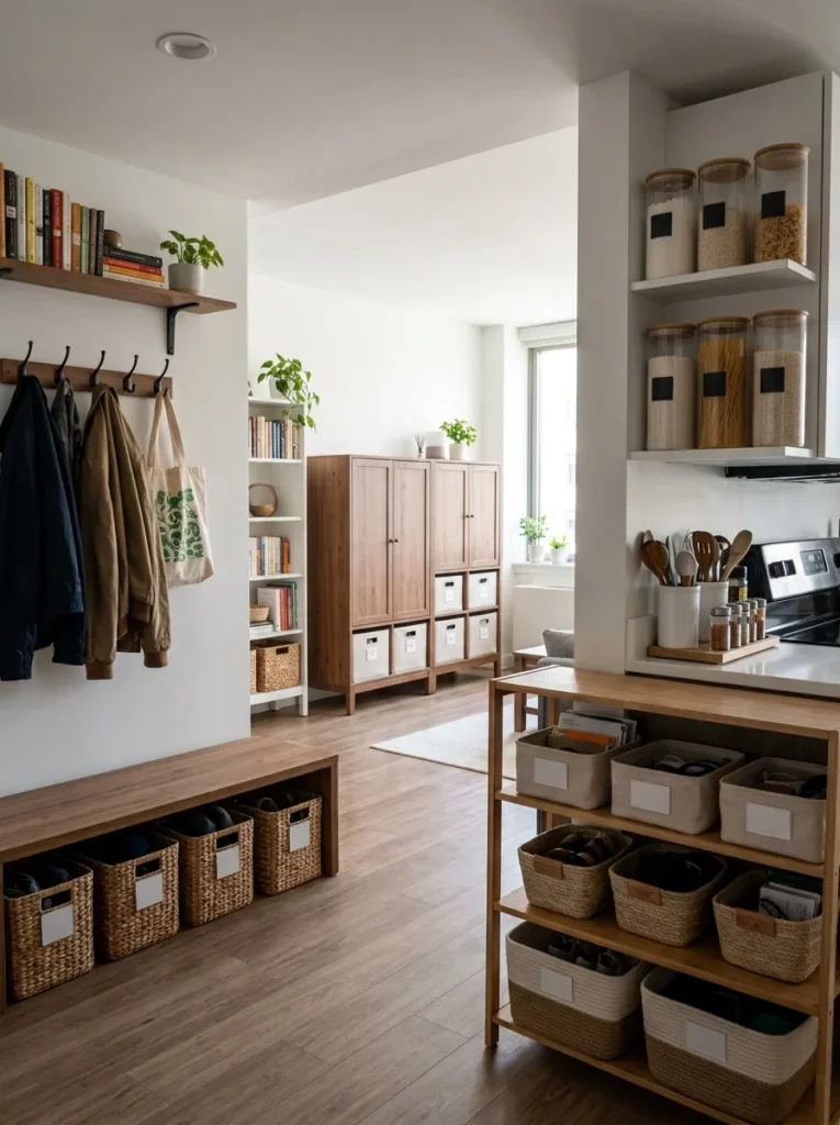 Organized apartment with designated storage for every item