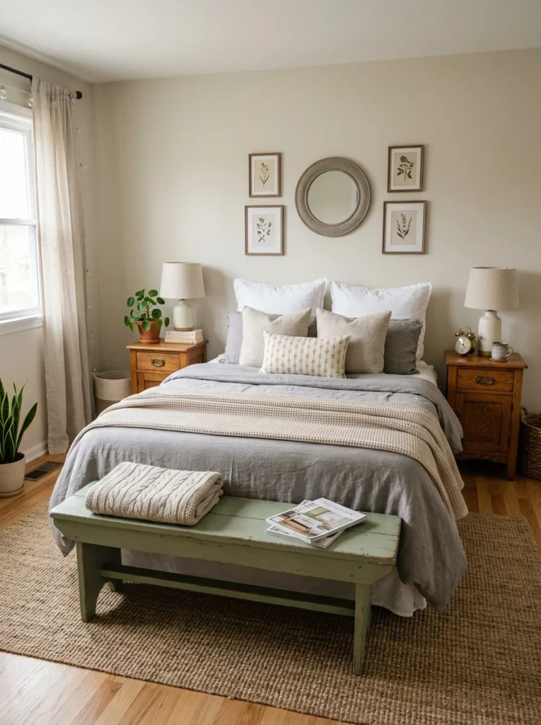 Bedroom using refinished secondhand furniture for an affordable stylish makeover.