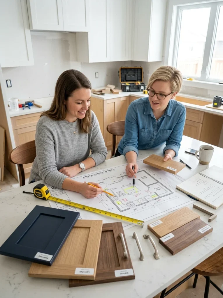 Kitchen renovation planning with cabinet layouts and open shelving design ideas.