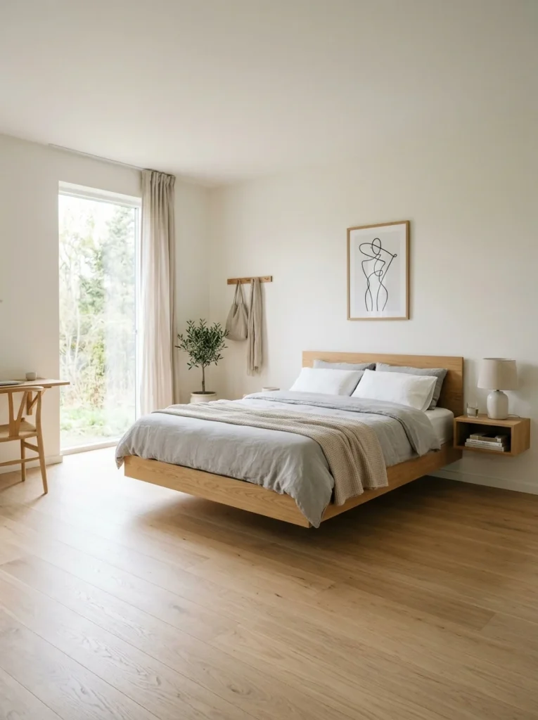 Clean minimalist bedroom with clear floor space for a spacious appearance.