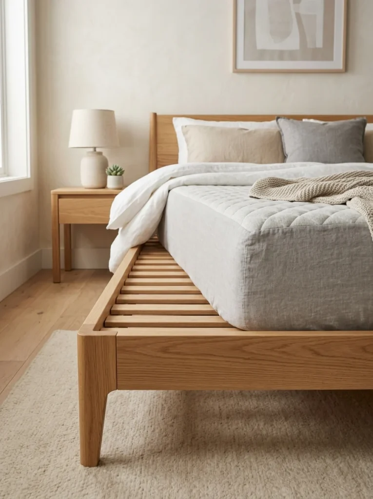 Hybrid mattress properly supported on a modern wooden slatted bed frame.