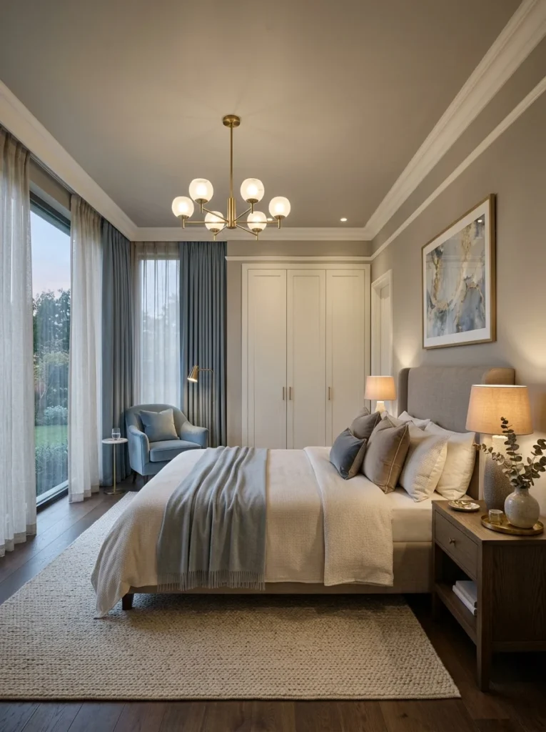 Soft ceiling color creating a cohesive and calming bedroom design.