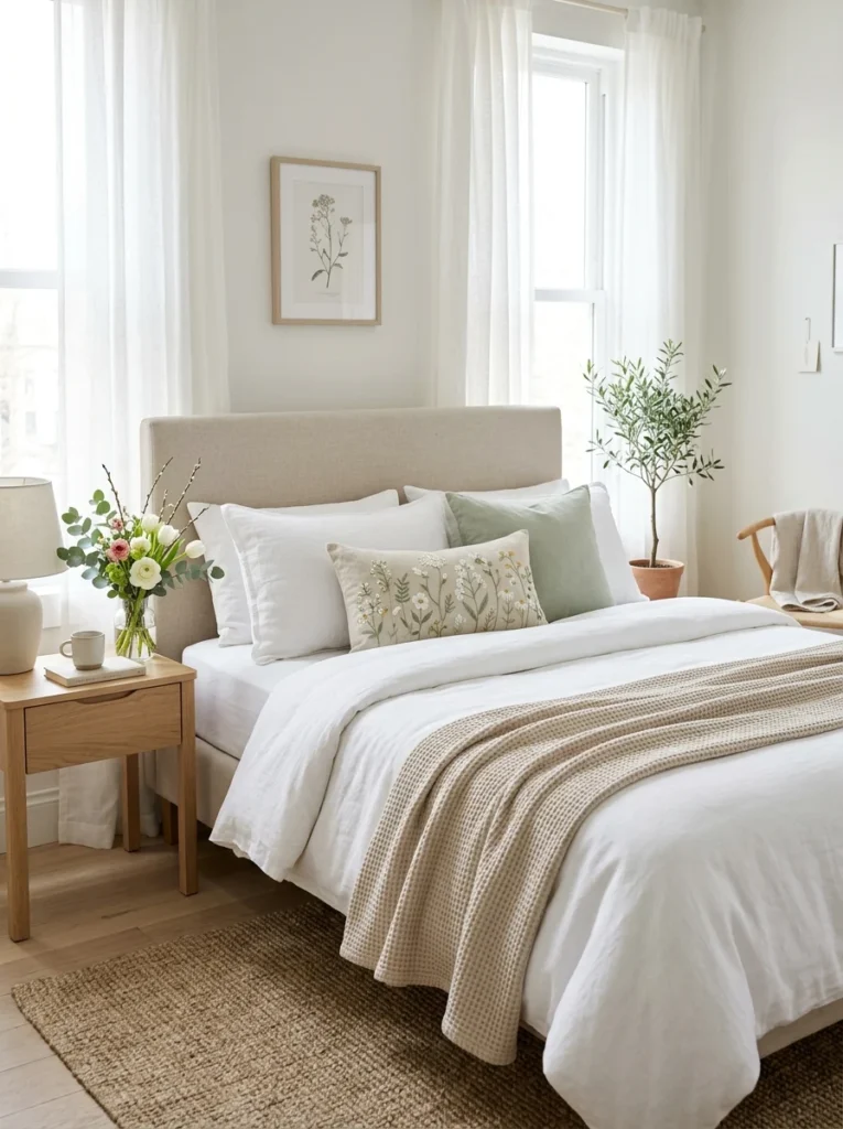 Layered bed updated with seasonal decorative pillows and throw blanket.