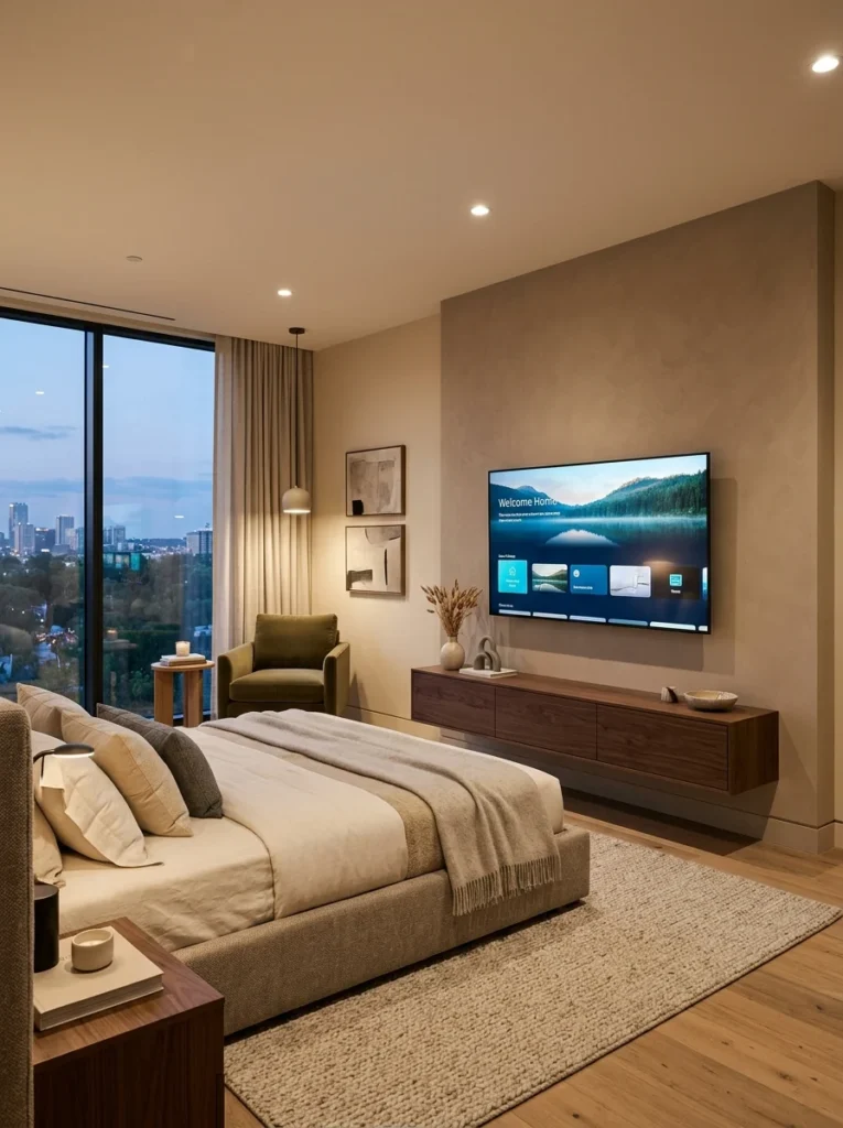 Master bedroom with a wall-mounted television and concealed cables for a clean layout.