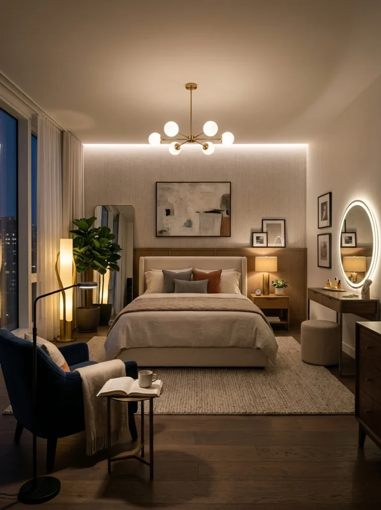 Bedroom with dedicated lighting for reading, relaxing, and getting ready.
