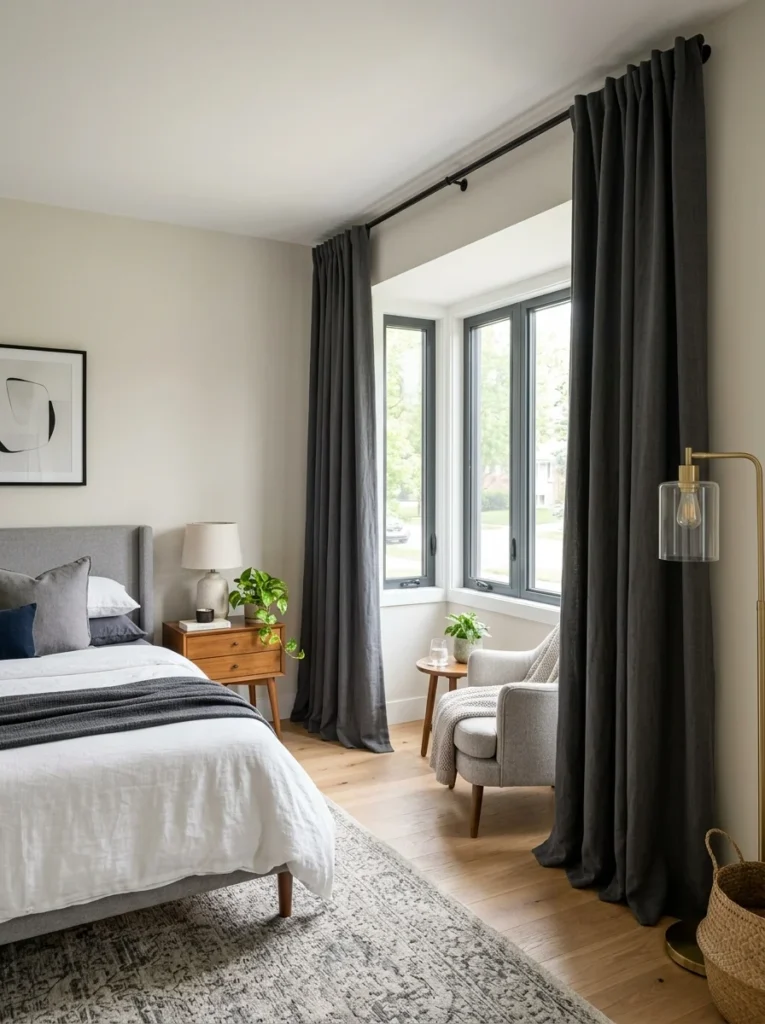 High-mounted curtain rod improving blackout curtain coverage.