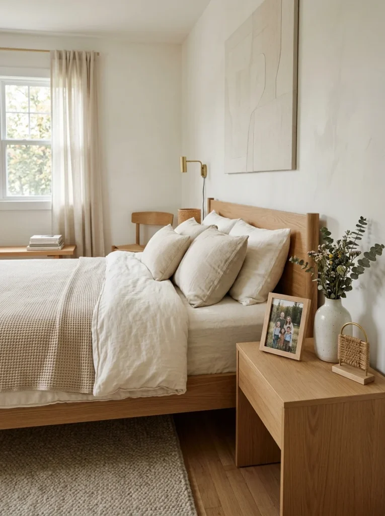 Cozy minimalist bedroom decorated with meaningful artwork, framed photo, and simple personal accents.