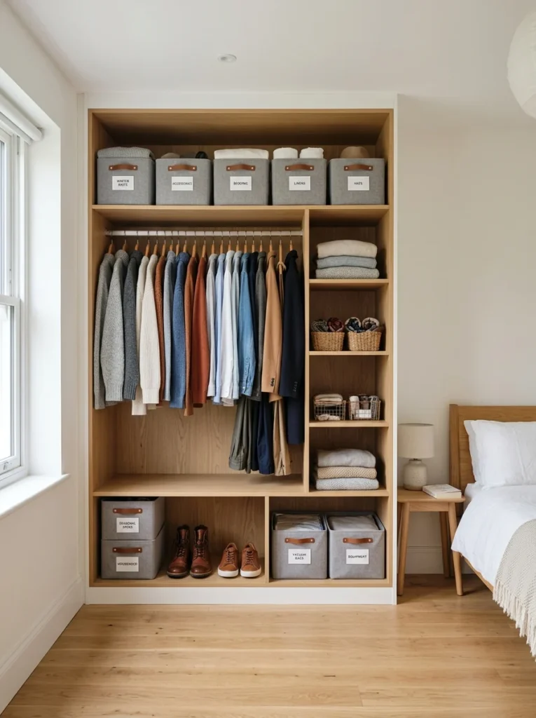 Bedroom storage organized by keeping only current-season clothing easily accessible.