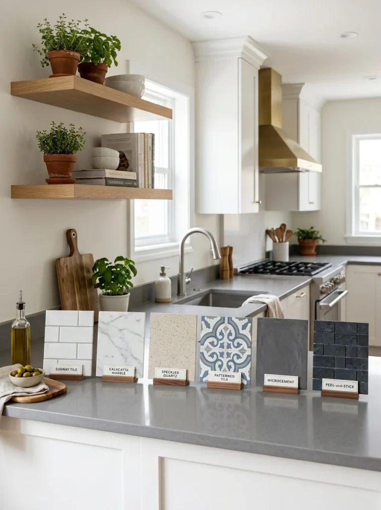 Different kitchen backsplash materials including tile, marble, quartz, and microcement.