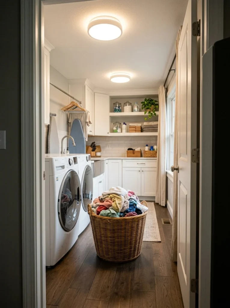 Motion-sensor ceiling lights automatically illuminating a laundry room as someone enters with a laundry basket.