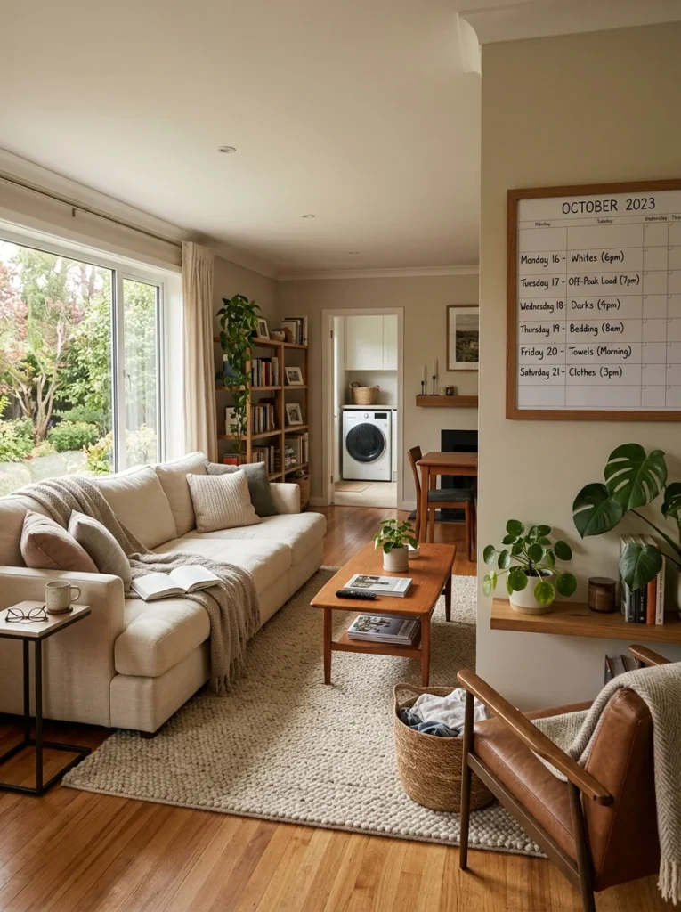 Quiet household with laundry loads scheduled during less disruptive times.