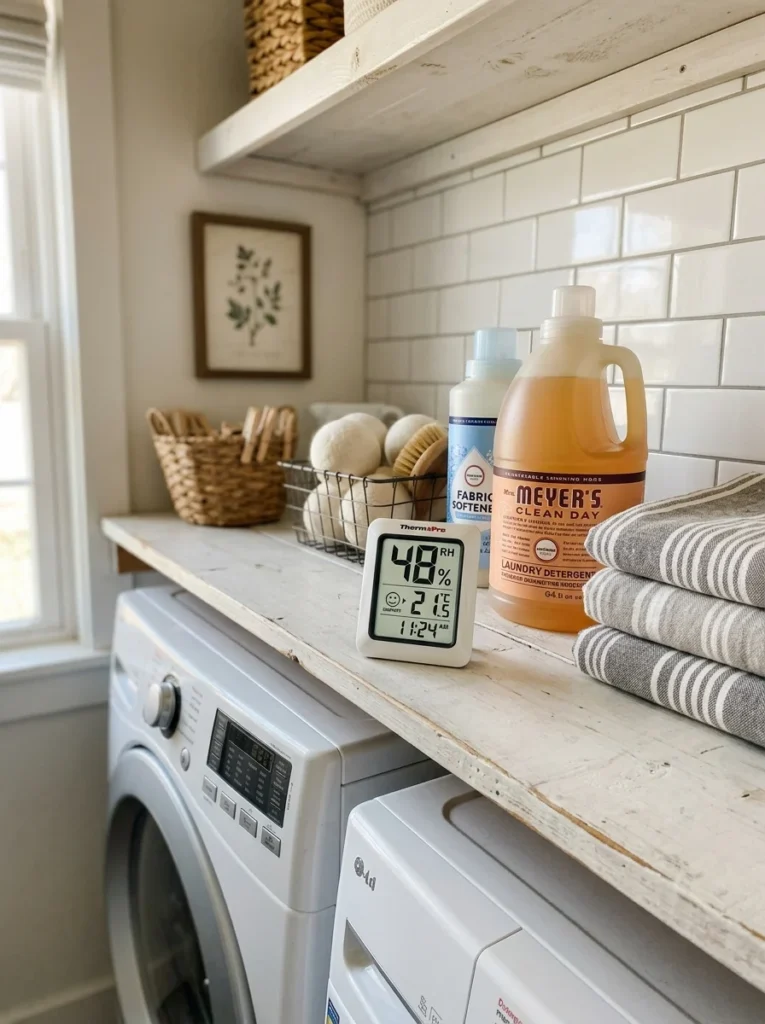 Digital hygrometer measuring humidity inside a laundry room.