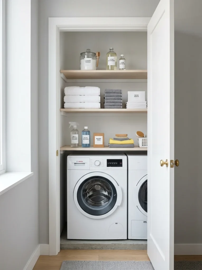 Organized laundry closet storing only essential laundry items.