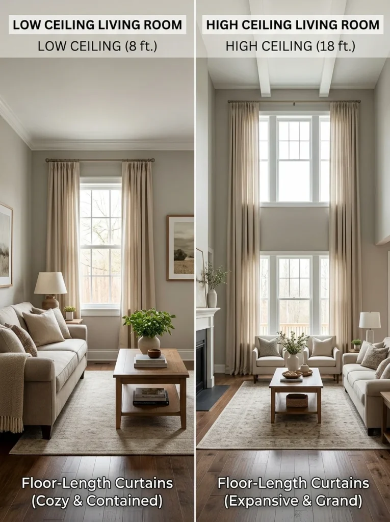 Comparison showing how curtain length affects room proportions.