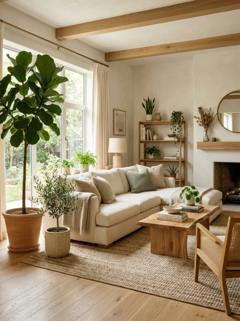 Indoor plants adding natural color to a neutral living room.