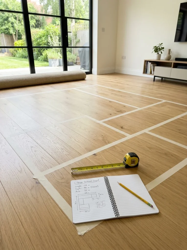 Masking tape outlining a sectional sofa layout on the living room floor.