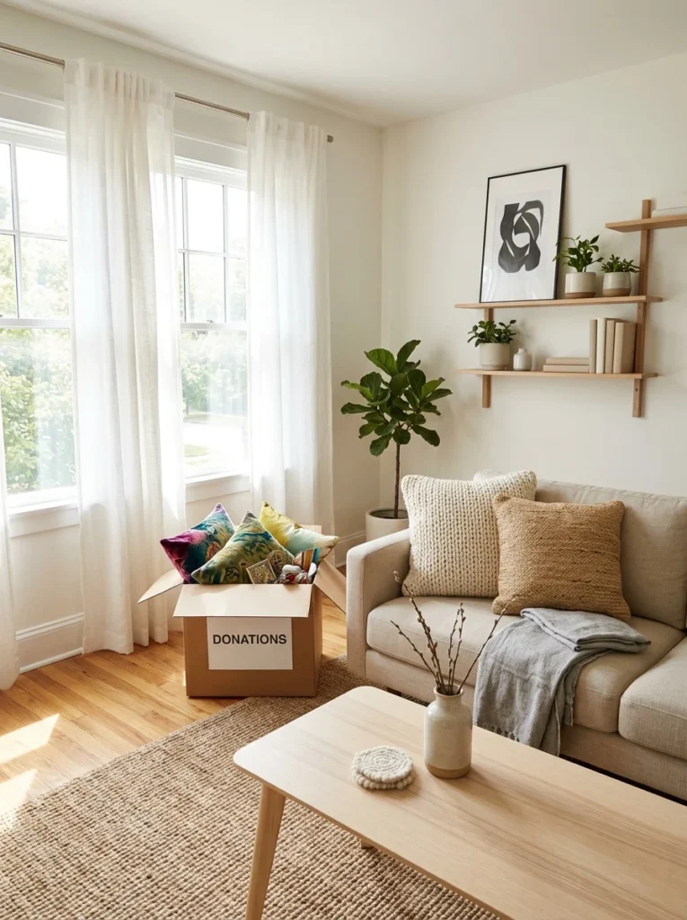 Homeowner editing textured decor to reduce visual clutter.