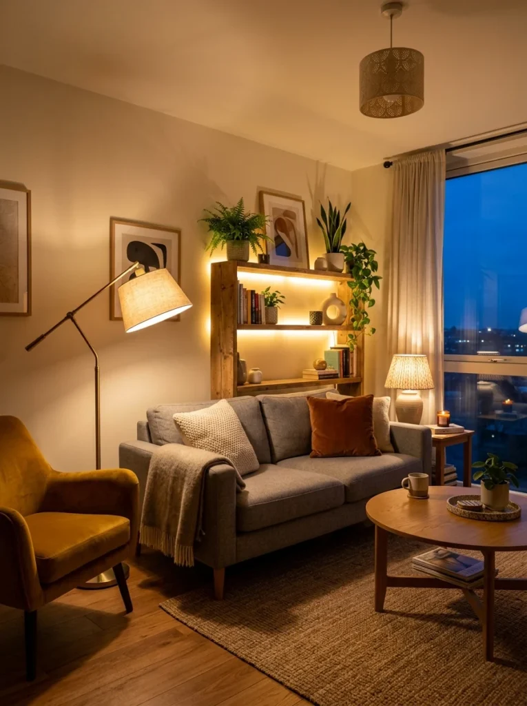 Layered lighting making a compact rental living room feel brighter and larger.