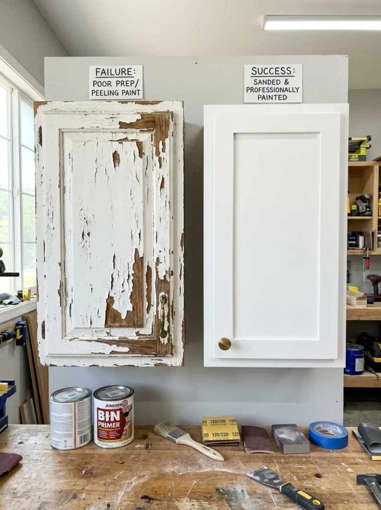Comparison of peeling cabinet paint and properly prepared painted cabinets.