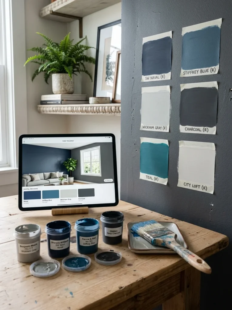 Physical paint samples compared with digital paint preview on a tablet.