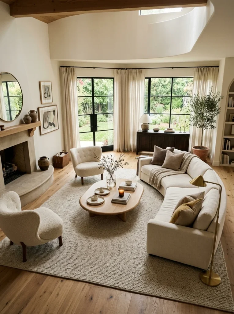 Large area rug visually connecting different zones in an awkwardly shaped living room.