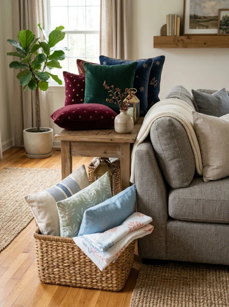 Summer and winter throw pillow covers displayed for seasonal decorating.