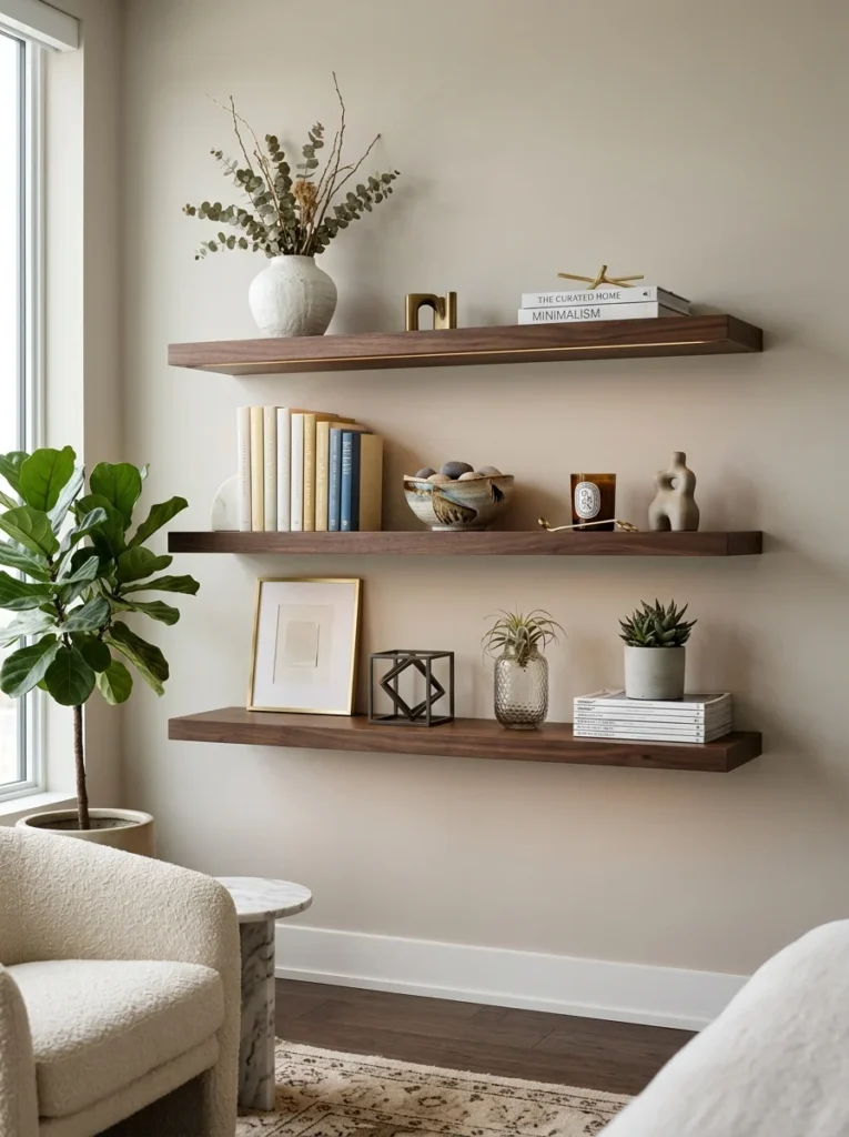 Neutral wall backdrop highlighting beautifully styled floating shelves.