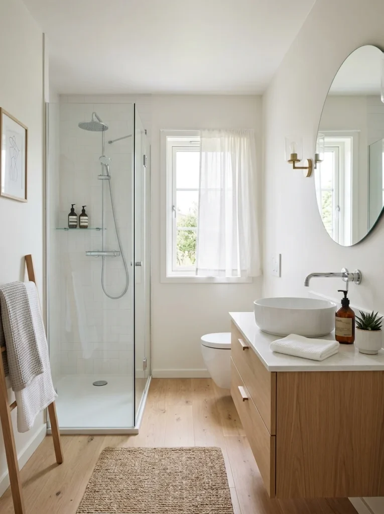 Neutral-colored bathroom with soft tones creating a bright and spacious atmosphere.