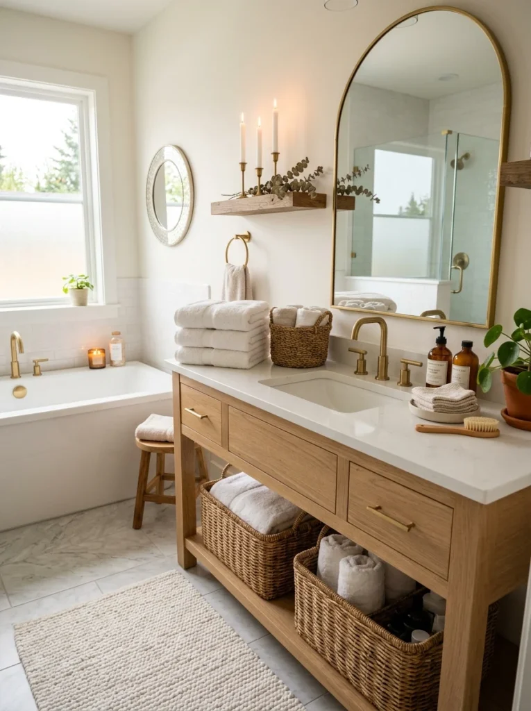 Budget bathroom decorated with towels, plants, baskets, and modern accessories.
