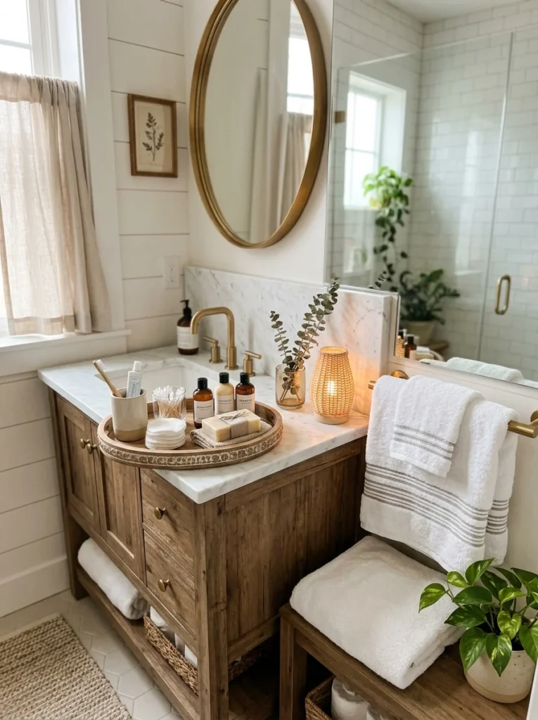 Guest bathroom prepared with toiletries and fresh towels for visitors.