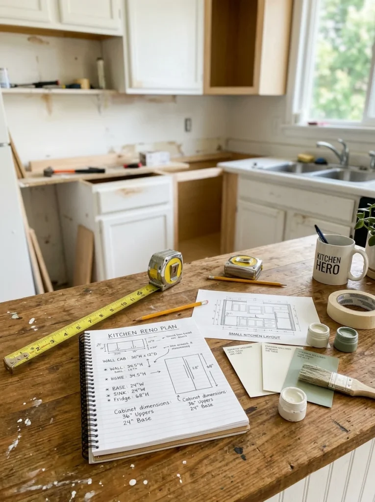 Planning materials and measurements for avoiding common small kitchen renovation mistakes.