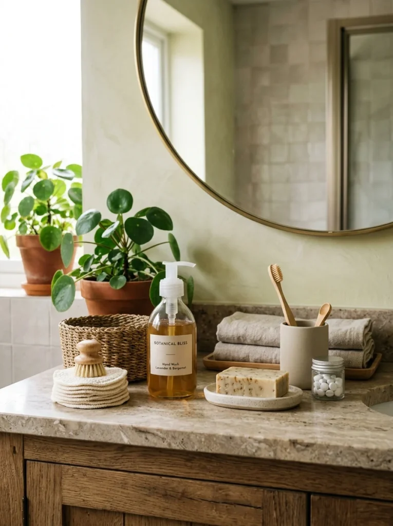 Reusable eco-friendly bathroom accessories reducing plastic and household waste.