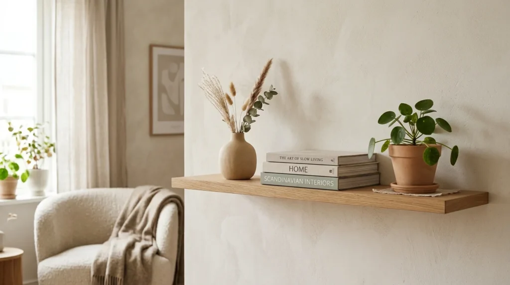 Simple shelf styling with ceramics, books, and greenery.