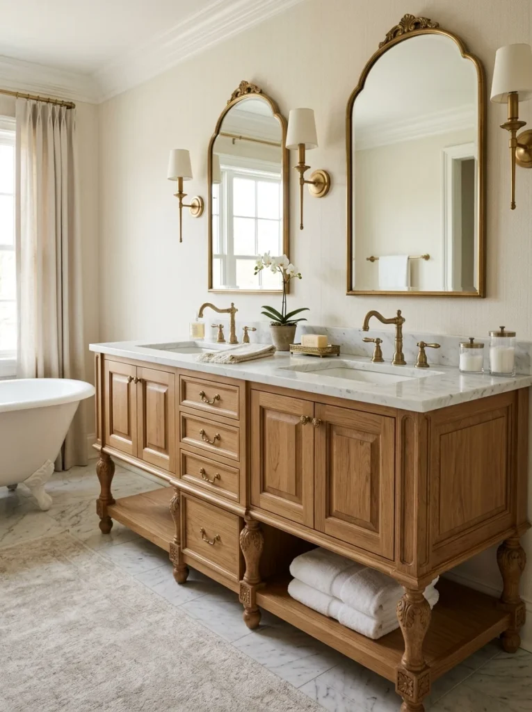 Elegant furniture-style vanity with marble countertop and brass hardware.