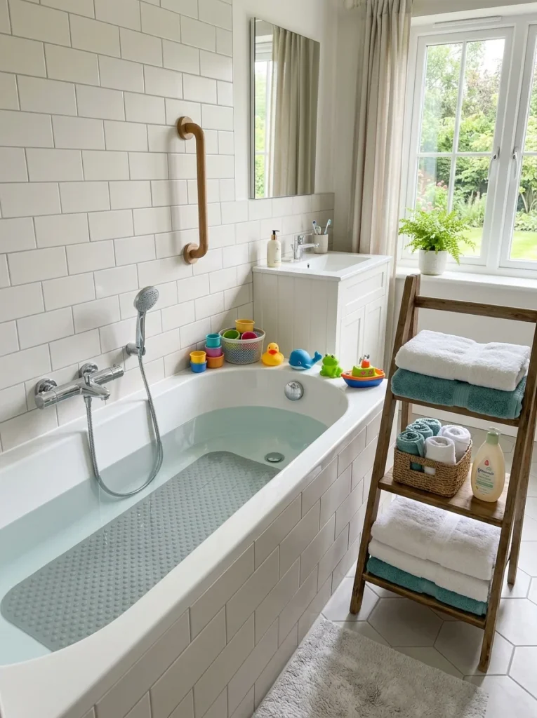 Elegant family bathroom with timeless décor and child-friendly accents.