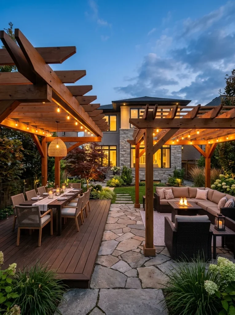 Pergola covering a patio and raised deck.