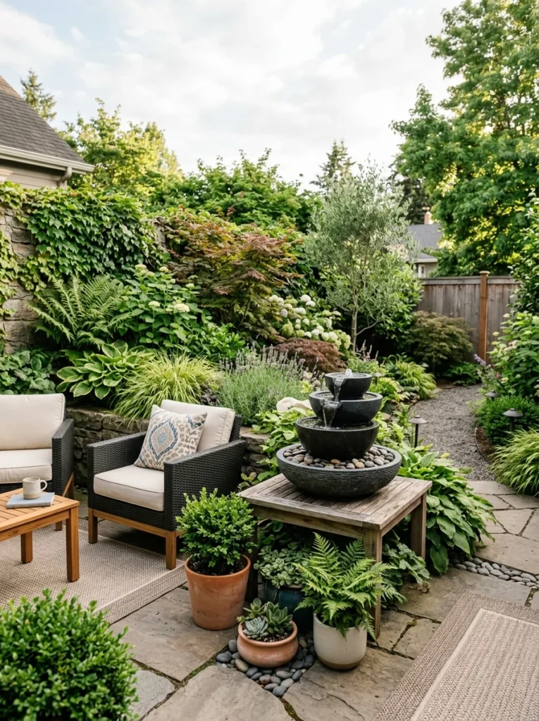 Compact tabletop water fountain in a modern backyard.