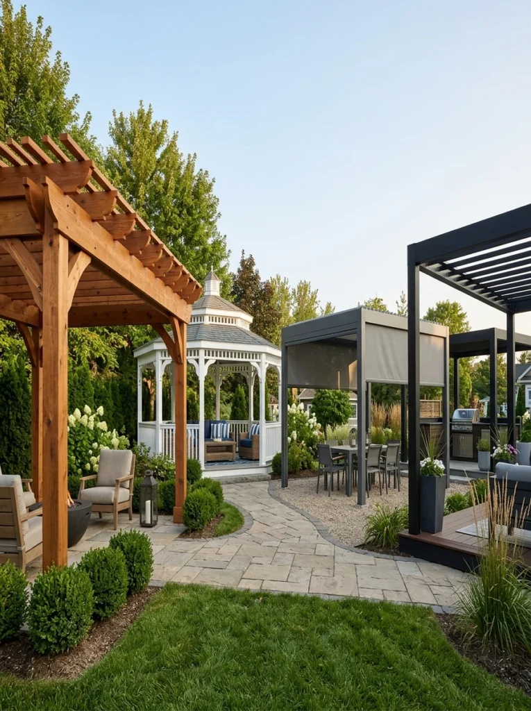 Outdoor structures built from wood, vinyl, aluminum, and steel.