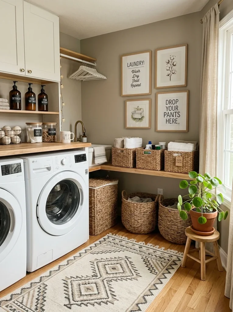 Personalized laundry room with baskets, artwork, and decorative accents.