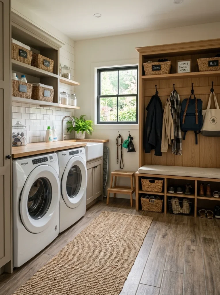 Durable flooring in a combined laundry room and mudroom.