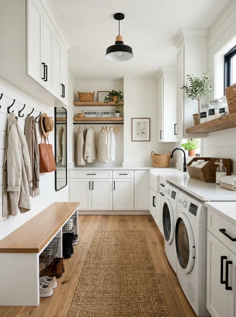 Matching cabinets and neutral décor throughout a combined laundry room and mudroom.