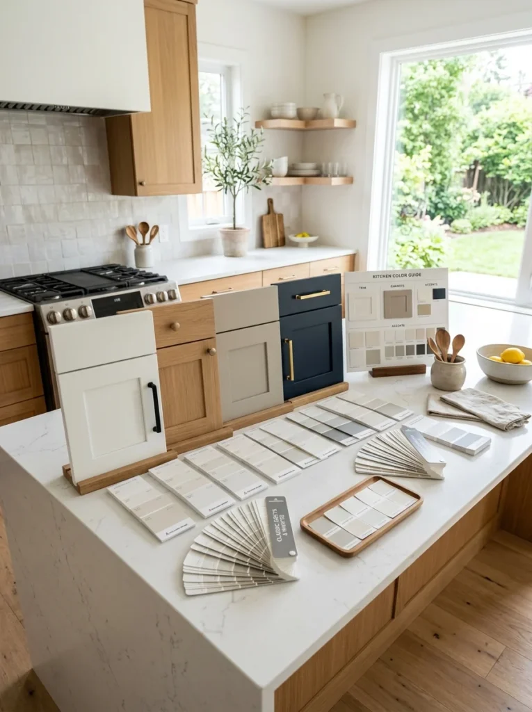 Paint color charts and cabinet samples for choosing timeless kitchen colors.