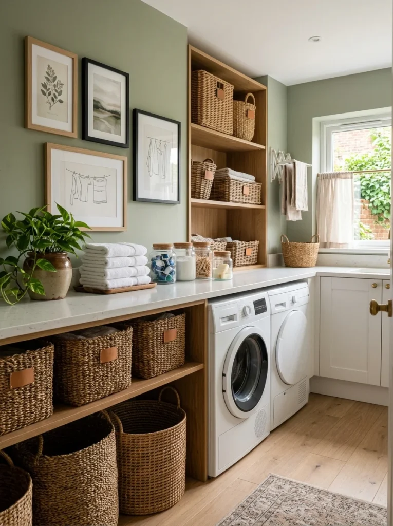 Affordable decor making a laundry room feel warm and inviting.