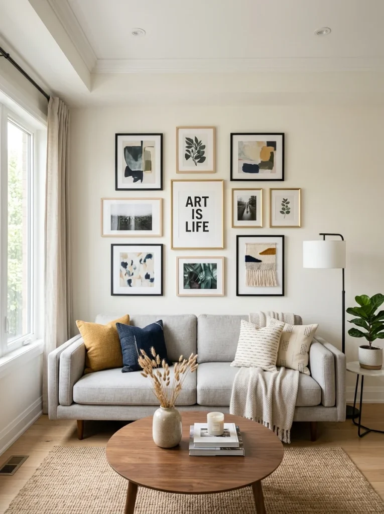 Gallery wall hung at eye level above a sofa.