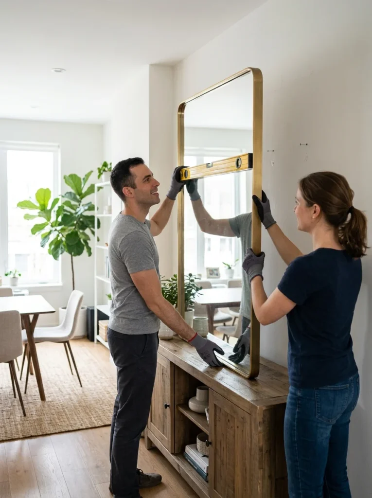 Homeowner checking mirror brackets and screws during regular maintenance.