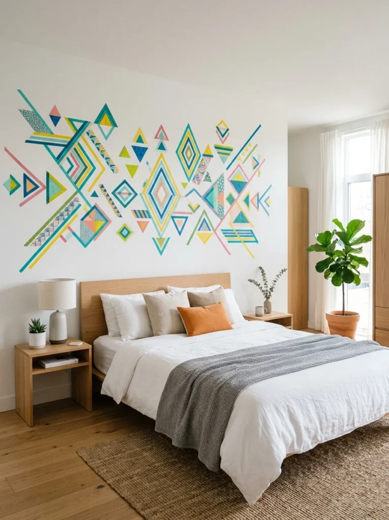 Creative geometric wall decor made with colorful removable washi tape.