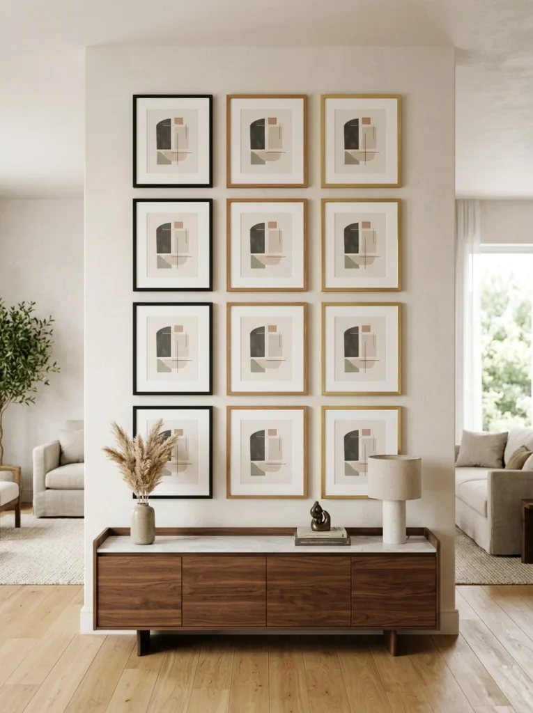 Gallery wall featuring artwork with black, wood, and gold frames that complement the room's décor.
