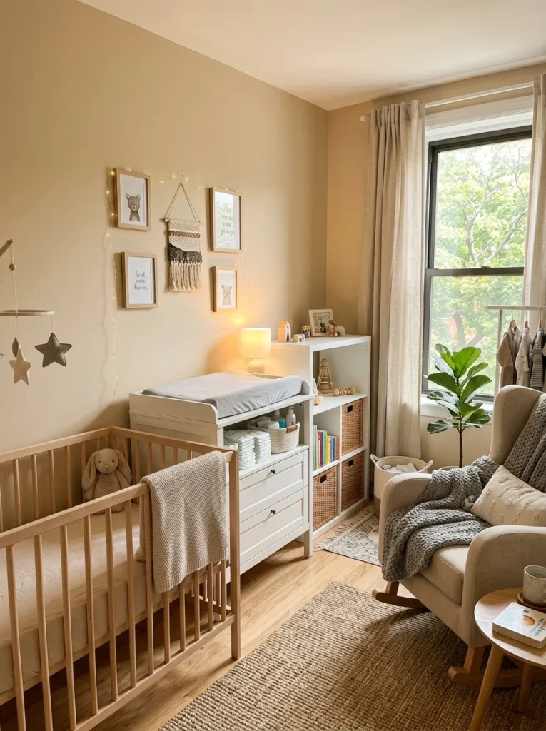 Simple nursery setup with essential furniture and space for future decorative additions.