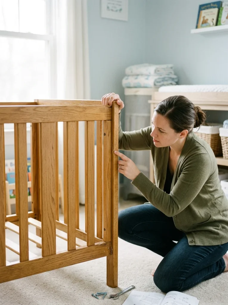 Parent checking a secondhand crib for safety issues.