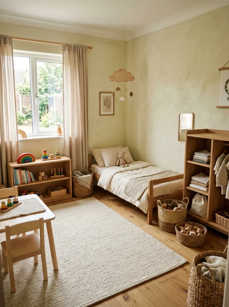 Montessori bedroom decorated with wood furniture and natural fabrics.